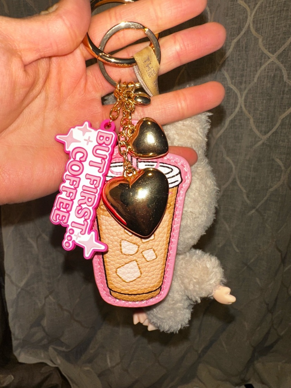 Coffee Lover Pink & Tan Keychain with Gold Hearts